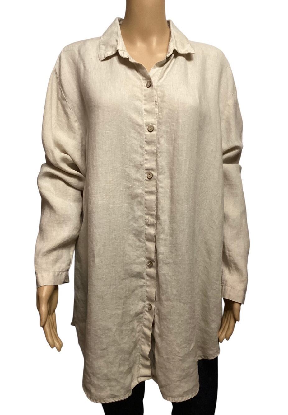 Soft Surroundings 100% Linen Button Up Tunic Shirt Beige Natural Flax XL